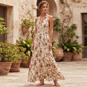 Cottagecore Floral Halter Maxi Dress Cream Pink Crochet Waist Boho Feminine XL